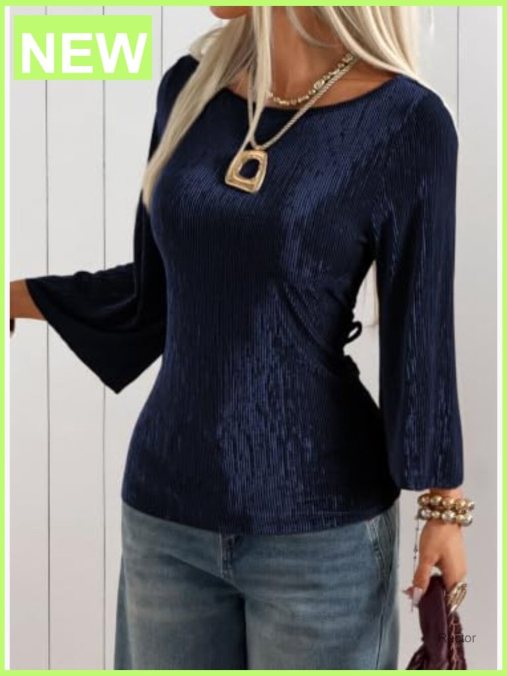 Womens Ribbed Knit 3/4 Bell Sleeve Boat Neck Ruched Waist Fitted Tee Top - Picture 5 of 7